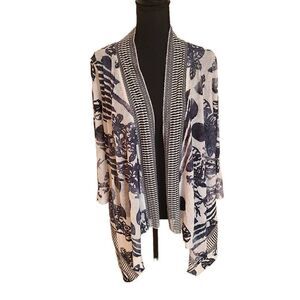 Cativa Womens Draped Open Jacket Abstract Pattern Navy Blue White Medium